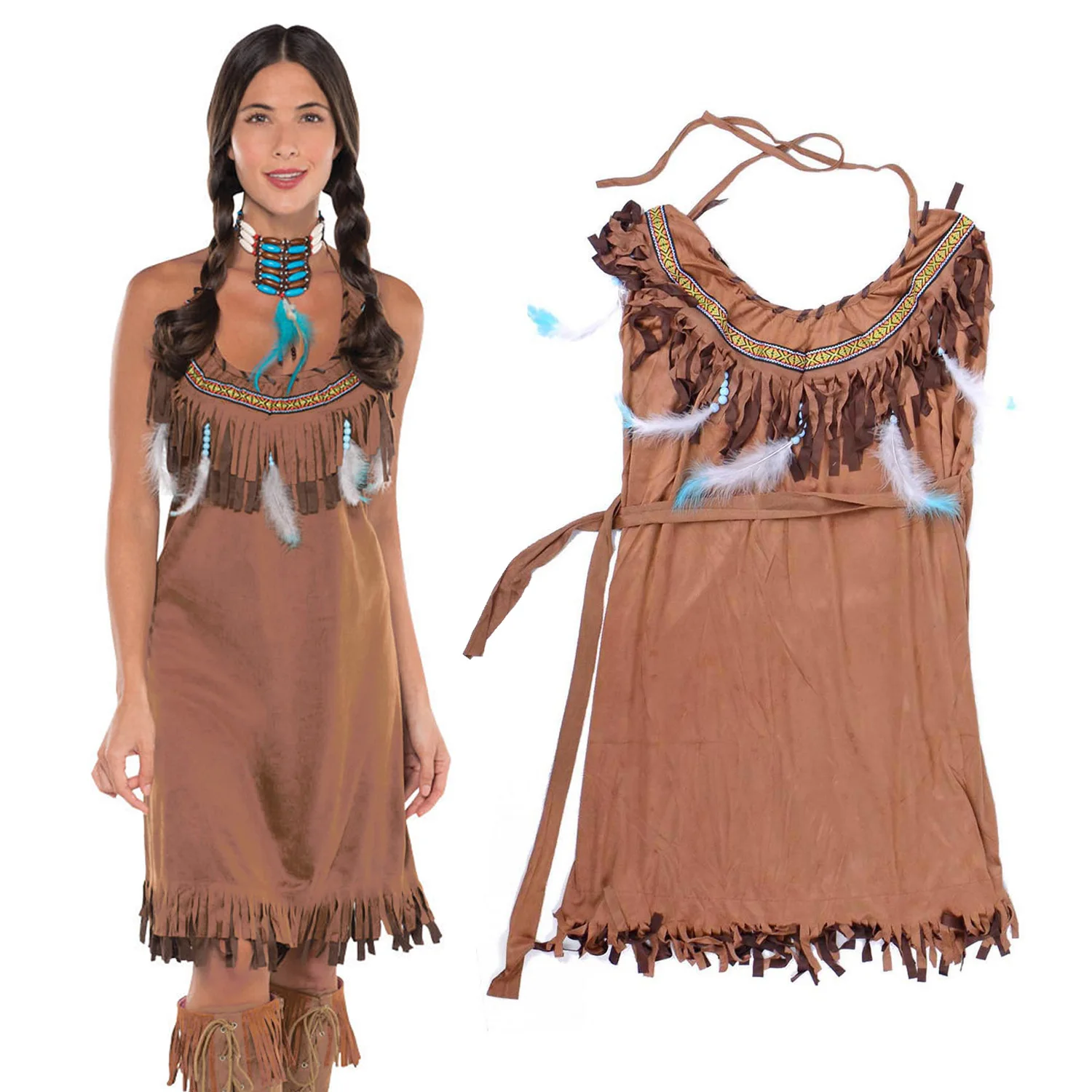 Женский костюм принцессы Pocahontas индийский на Хэллоуин коричневое платье для