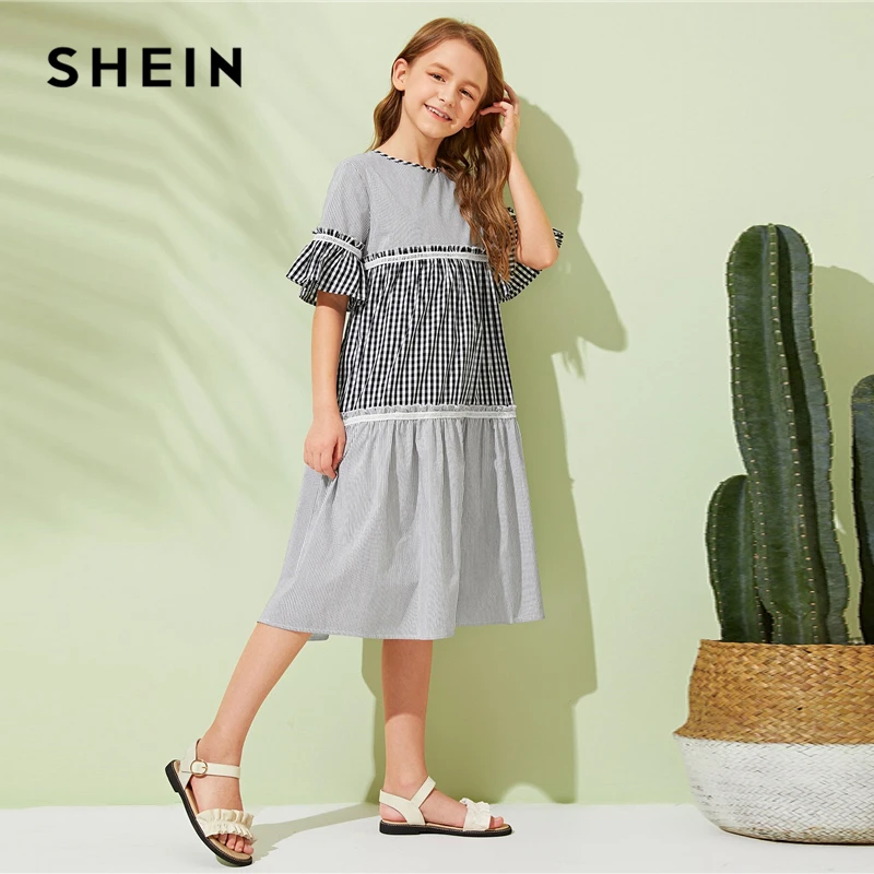 SHEIN Kiddie/Платье-туника в мелкую клетку и полоску для девочек г., Летние Повседневные платья-миди с оборками, рукав-Волан