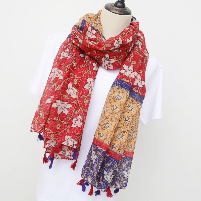 

Spring and Summer New Red Yellow Blue Spell Color Thin Decorative Scarf Bohemian Scarf Retro Travel Sunscreen Shawl