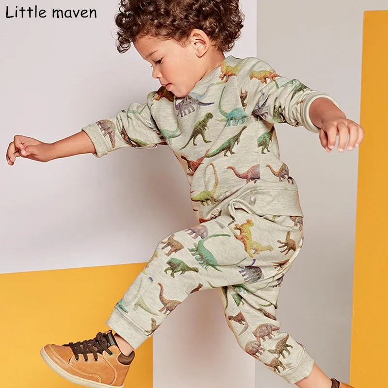 Little maven/комплекты для детей г. Новая Осенняя брендовая хлопковая футболка с длинными рукавами и принтом динозавра для мальчиков+ штаны, 20148