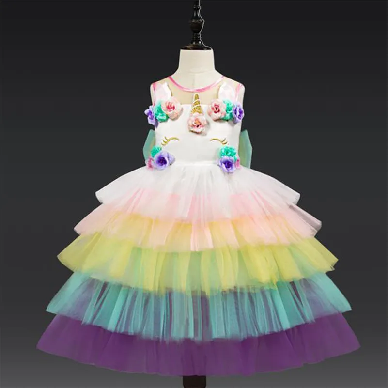 Летние радужные платья с единорогом для девочек 2020 Детские фатиновые нарядные