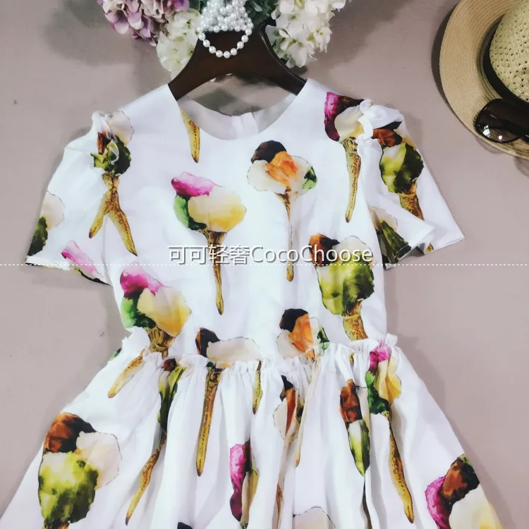 Женское платье с принтом мороженого повседневное белое Плиссированное Платье До