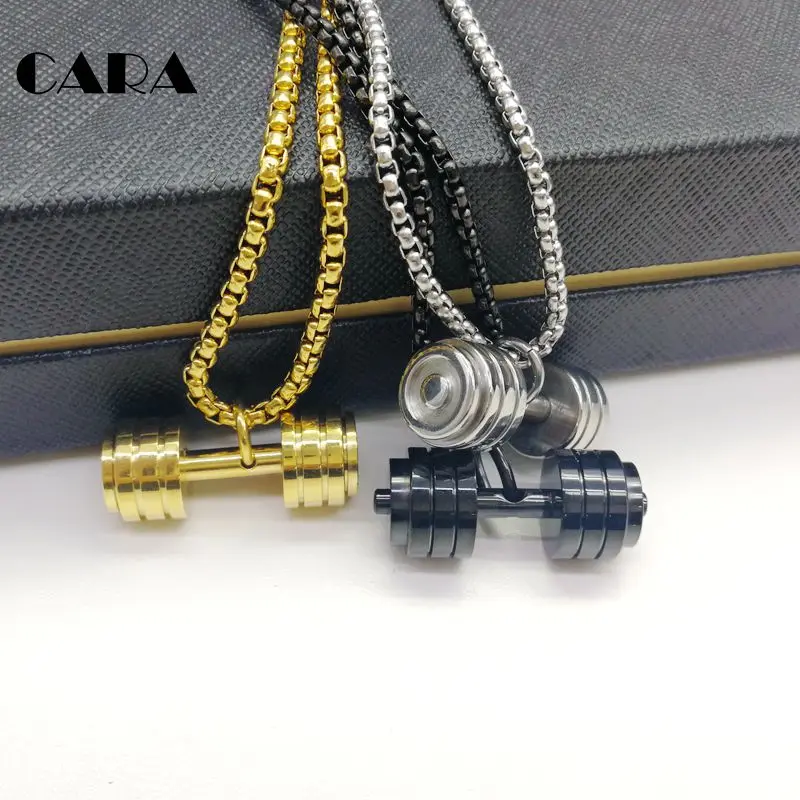 men fitness dumbell charm necklace gold color 70cm chain 316L stainless steel hip hop necklace jewelry pendant CAGF0221