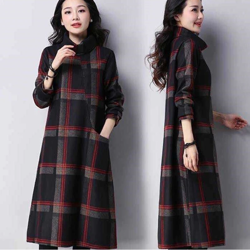 Женское винтажное платье в клетку повседневное свободное большого размера из