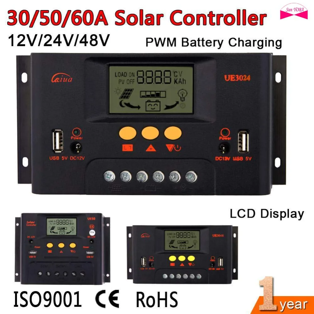 30A/50A/60A Солнечный контроллер 12 В 24 в 48 ЖК-дисплей USB 5 DC солнечная панель регулятор
