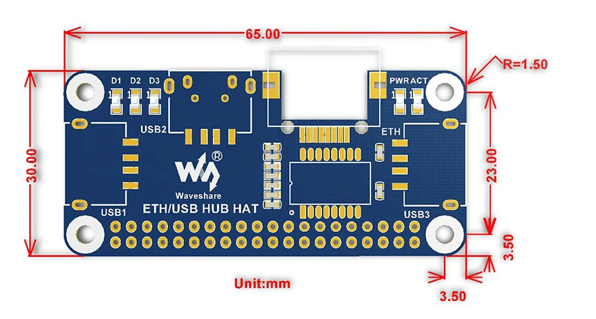 Waveshare Ethernet / USB HUB HAT for Raspberry Pi 1x RJ45 Ethernet Port 3x USB Ports 5V
