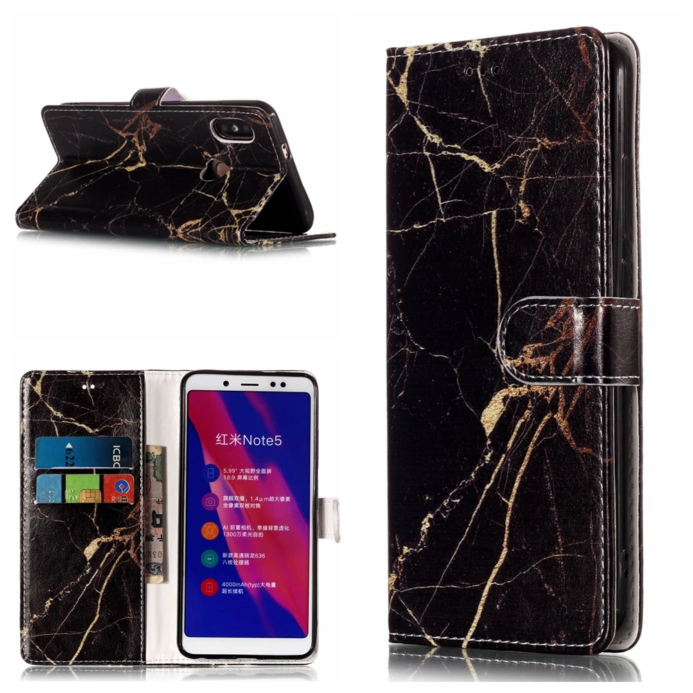 100 шт./лот Красочный Рисунок мрамор 2 карты кожаный чехол для Xiaomi Redmi 4X 5 Plus 6 Pro 7 Note pro
