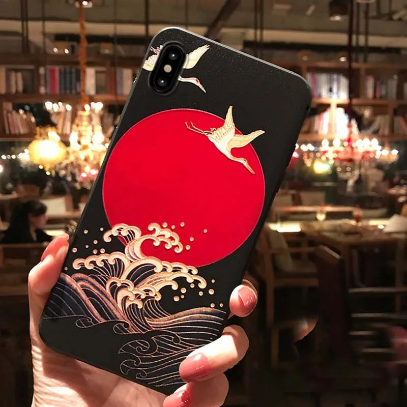 JIBAN Red Sun Flying Crane Phone Case For OPPO 17pro R11s R9s Plus XiaoMi 9 8se Mix2 5s Embossed Antique Silicone Soft Cover |