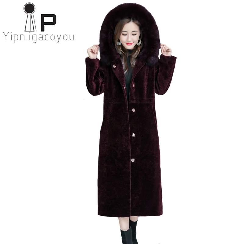 Зимнее пальто из искусственного меха для женщин с капюшоном лисьим воротником