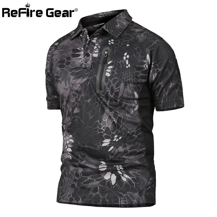 Мужская футболка с коротким рукавом ReFire Gear, летняя тактическая камуфляжная дышащая рубашка с карманом, в стиле милитари - Цвет: Black Snake