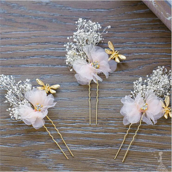 3Pcs Hair Sticks CC цветы Короны Диадемы ободки для волос 3 шт. набор серьги палочка для волос ручной работы свадебные аксессуары для волос для свадебных подарков ювелирные изделия TS053 - Окраска металла: 3Pcs Hair Sticks