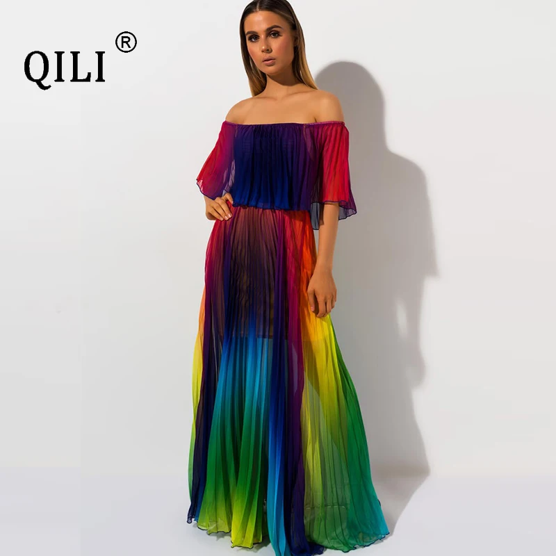 QILI 2019 Summer Pleated Chiffon Dress Loose Long Maxi Beach Dresses Rainbow Print Plus Size Off Shoulder For Womens | Женская одежда