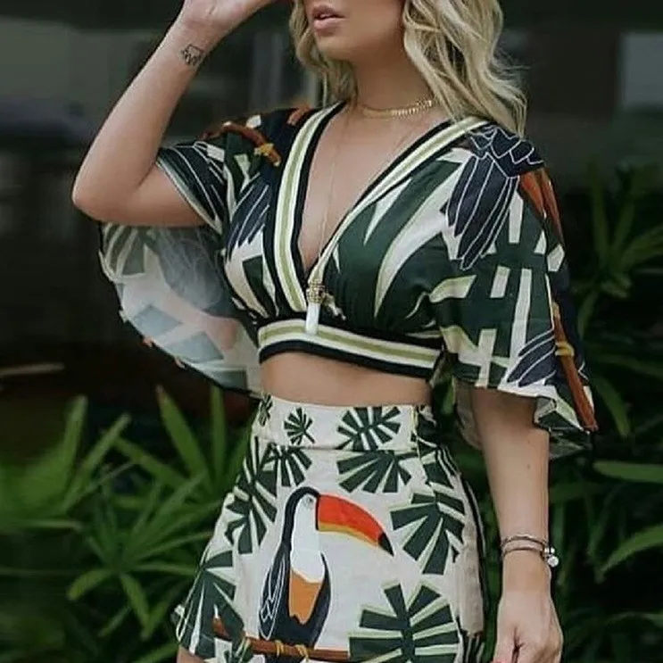 Женская блузка с цветочным принтом и юбка комплект из двух предметов в стиле бохо