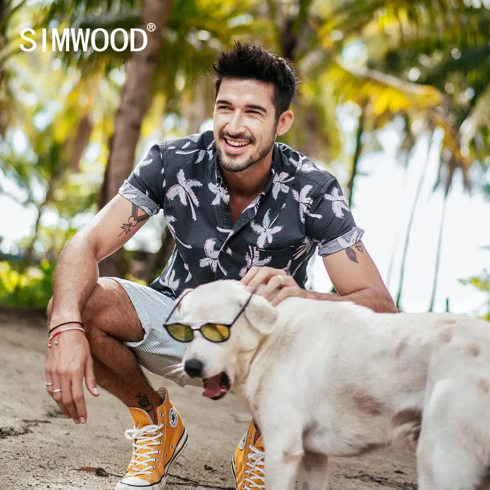 SIMWOOD 2019 summer new hawaii print shirts men short sleeve 100% cotton Breathable Palm tree brand clothing 190266 | Мужская одежда