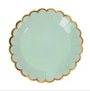 round mint 8pcs Одноразовая посуда с золотым краем в виде цветка, розовая бумажная тарелка, чашка, соломенный торт, деревянный нож, вилка, вечерние принадлежности, Европейский дворец, свадьба - Цвет: round mint 8pcs