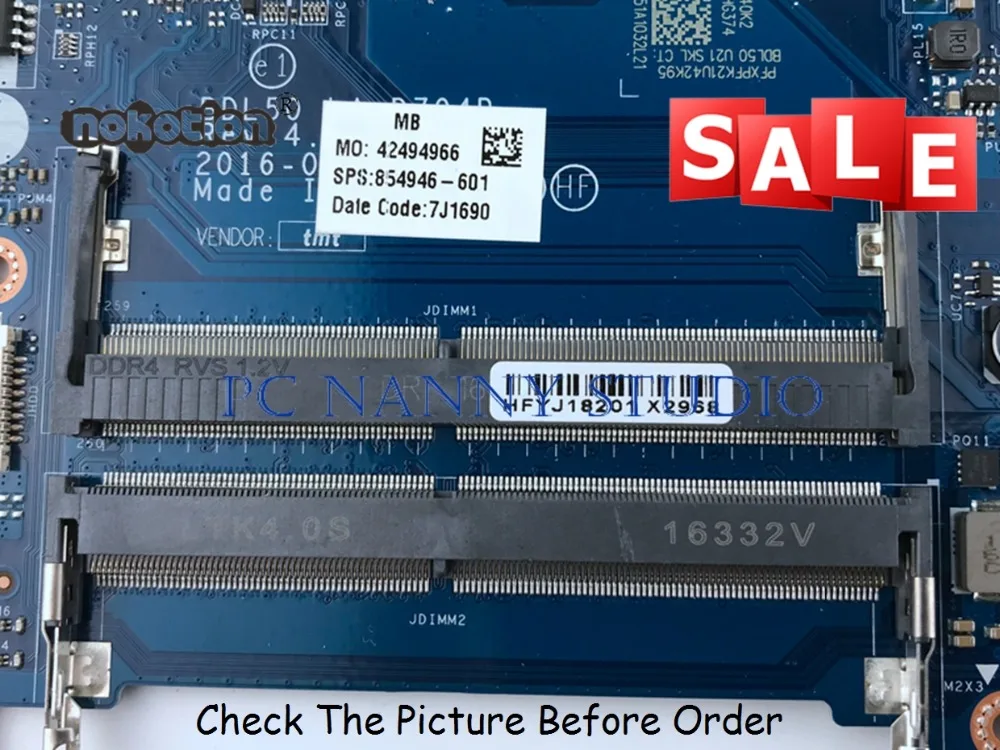 PCNANNY 854946-601 854946-001 BDL50 LA-D704P для hp 15-AY Материнская плата ноутбука i3-6100U 2 3 ГГц