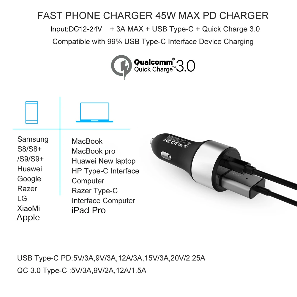 Usb type C адаптер 12V3A 18 Вт 45 Вт PD Быстрая зарядка 3,0 быстрое автомобильное зарядное устройство для iPhone для Macbook Air Dell XPS XIAOMI ноутбук