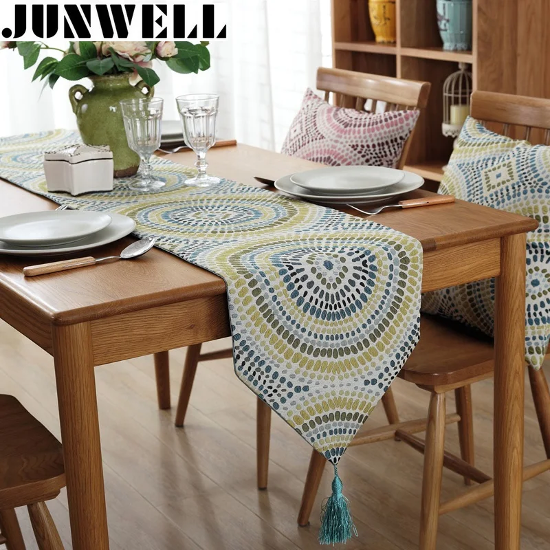 

Junwell Fashion Modern Table Runner Colorful Nylon Jacquard Runner Table Cloth With Tassels Cutwork Embroidered Table Runner