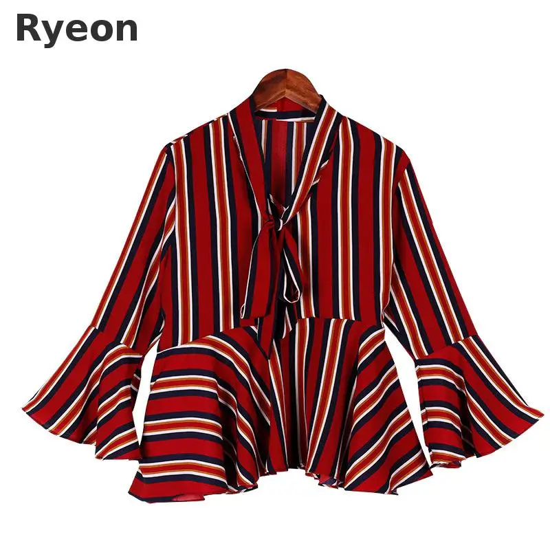 Ryeon 5xl Plus Size Women Chiffon Blouses Striped Printing Regular Full Bow Neck Fashion Ruffle Blouse Blusa Mujer Blusas |