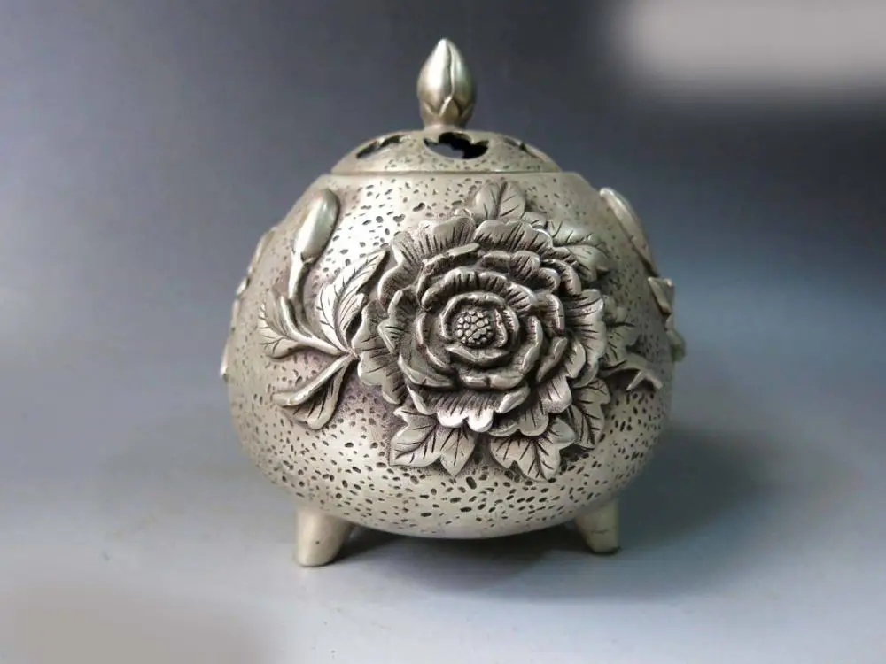 DS Китай серебро резные изысканные три Пион цветок курильница кадило Статуя | Дом