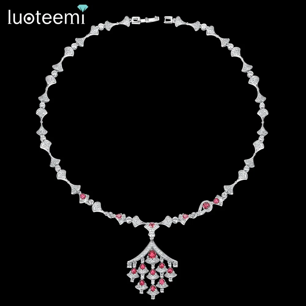 

LUOTEEMI New Long Pendant Necklace for Women Wedding Party Red Scalloped Jewelry Luxury CZ Stone Colar Feminino Christmas Gift