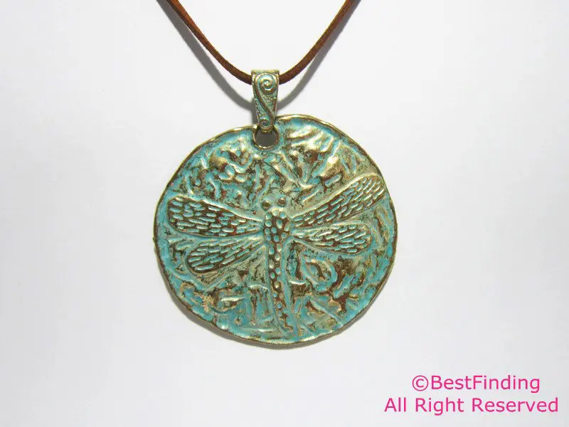 

Patina pendant Irregular disc dragonfly pendant Necklace pendant