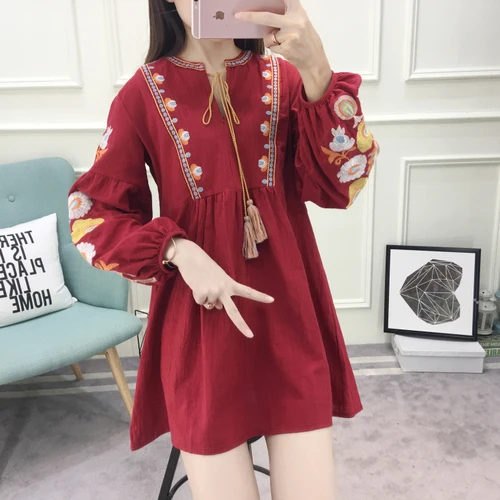 TingYiLi женское платье с вышивкой осеннее длинным рукавом синее красное белое