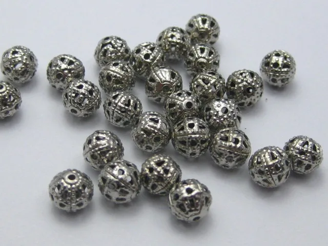 

200 Silver Colour Tone Round Filigree Spacer Beads 6mm