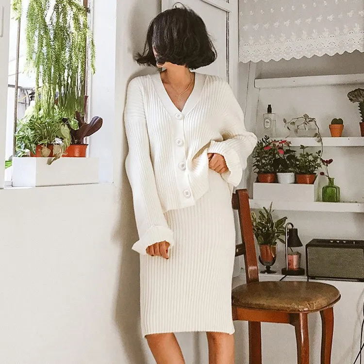 Осенне-зимний женский вязаный комплект из 2 предметов повседневный однобортный