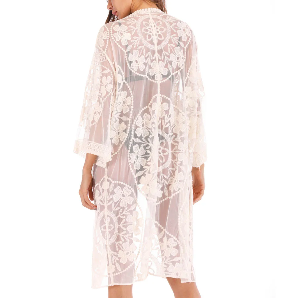 

Summer Sexy Women Bikini Cover Up Lace Kimono Beach Long Maxi Dress Sheer Loose Kaftan Cardigan Swimsuit Cover-Ups Robe De Plage