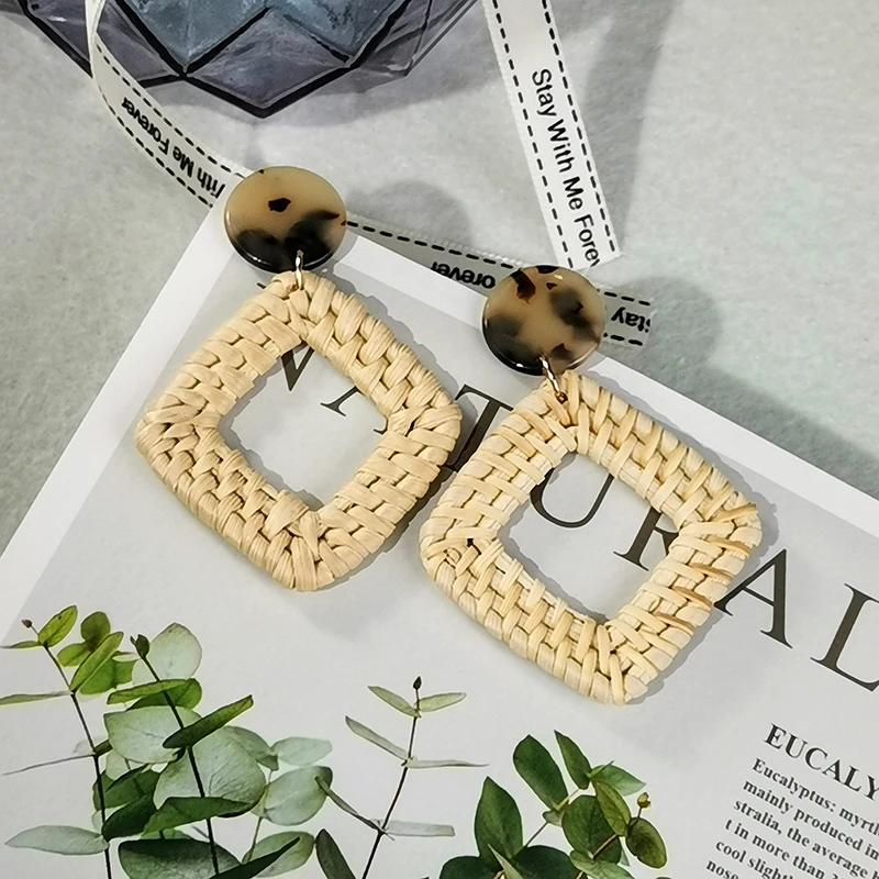 Trendy Bohemia Handmade Straw Woven Earrings Geometric Round Square Shape Stud For Women Fashion Jewelry | Украшения и аксессуары
