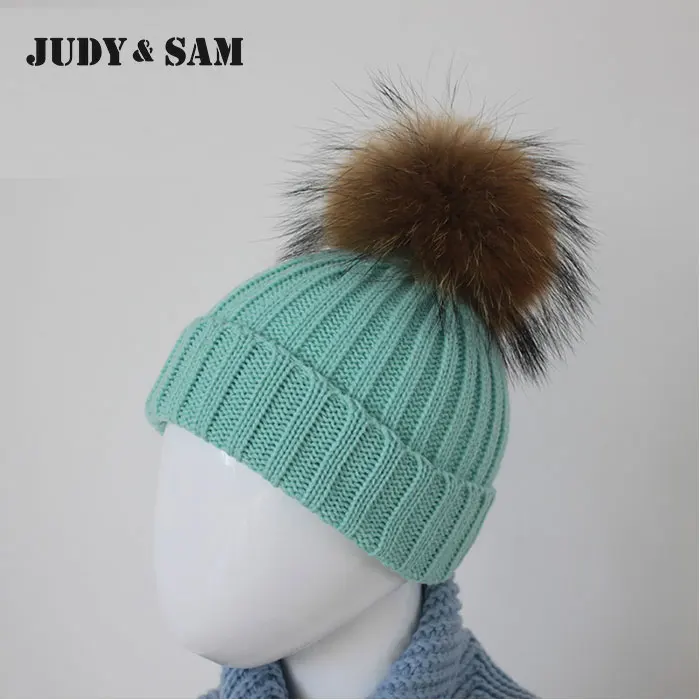 Детская зимняя вязаная шапка с меховым помпоном 15 цветов | Аксессуары для одежды