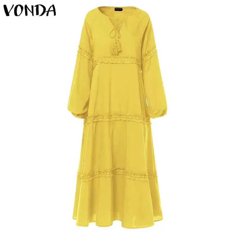 Yellow VONDA богемное женское длинное платье макси, Осеннее сексуальное платье с рукавом-фонариком и v-образным вырезом, открытые тонкие пляжные платья, повседневные свободные платья размера плюс - Цвет: Yellow