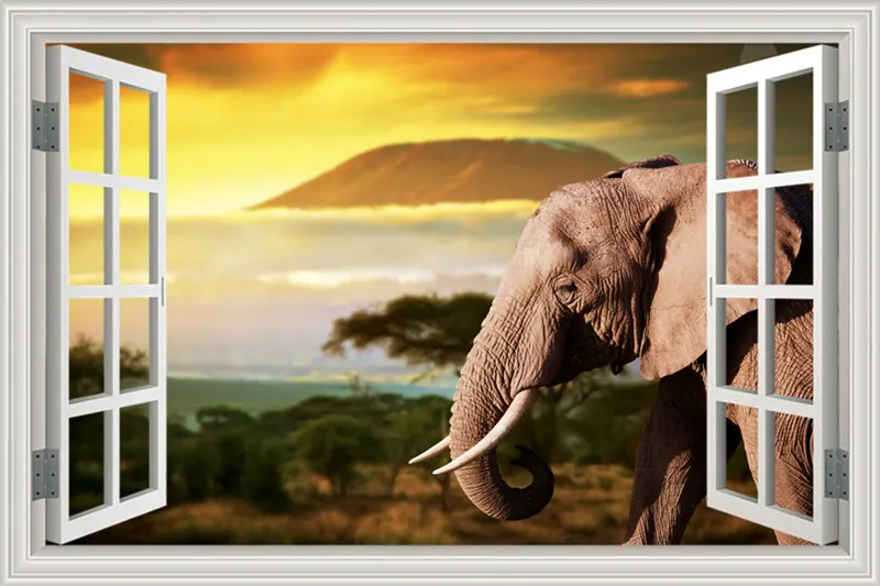 Window Frame Wall Decal Elephant African Bush Safari 3D View Vinyl Sticker Art Mural Peel and Stickers Room Decor | Дом и сад