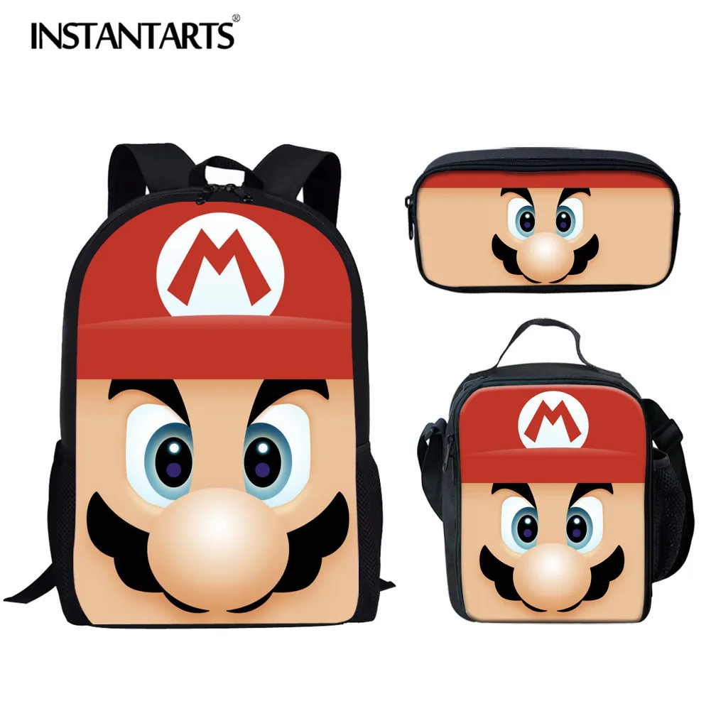 INSTANTARTS Super Mario Bros Backpack for Kid Girl Boy Cartoon Anime Schoolbag 3pcs Set School Backpack Escolar Infant Kids Bag
