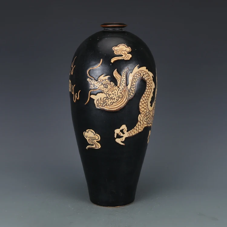 

Фарфоровая ваза под старину династии SongDynasty, печь Jizhou, черная глазурованная бутылка для резьбы, искусственное украшение, бесплатная доставка