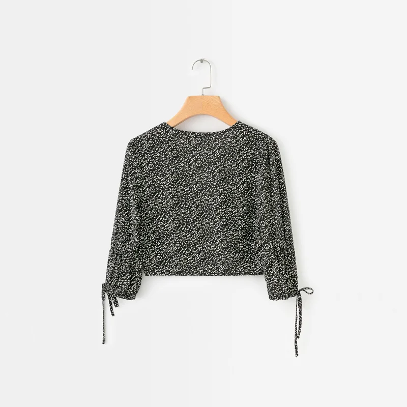 

Summer casual female shirt printing decorative bow short paragraph V-neck shirt