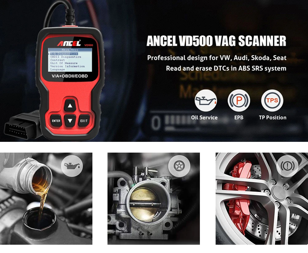 Ancel VD500 OBD2 сканер автомобильный диагностический инструмент для VAG VW Audi Skoda Seat масляный Сервис Сброс EPB тормоз TP проверка прозрачный DTC ABS SRS