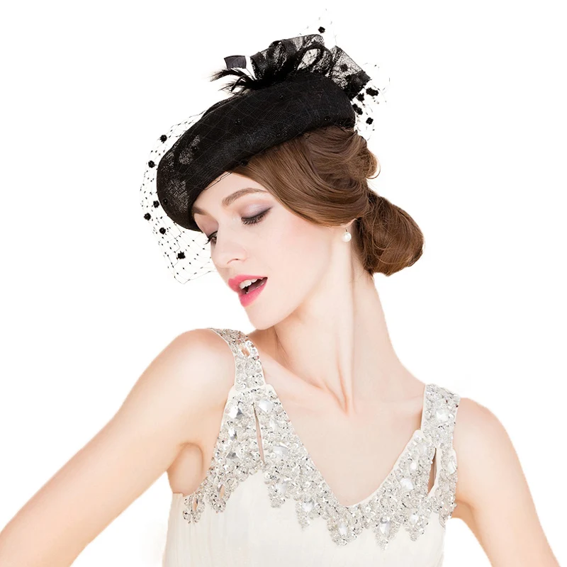 Женская винтажная шляпа FS черная льняная с вуалью для свадьбы или вечеринки|ladies