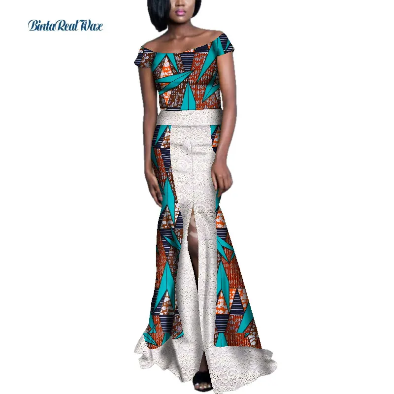 New African Print Dresses for Women Long Split Lace Dress Draped Patchwork Bazin Riche Vestidos African Ankara Clothing WY3565