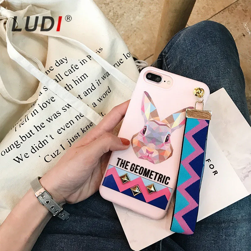 LUDI 3D Europe Animal Tiger &amp Rabbit Stud Rivet Wrist Strap Case for iPhone X iPhone7 8 6 6S PLus Soft TPU Cover Lovers | Мобильные
