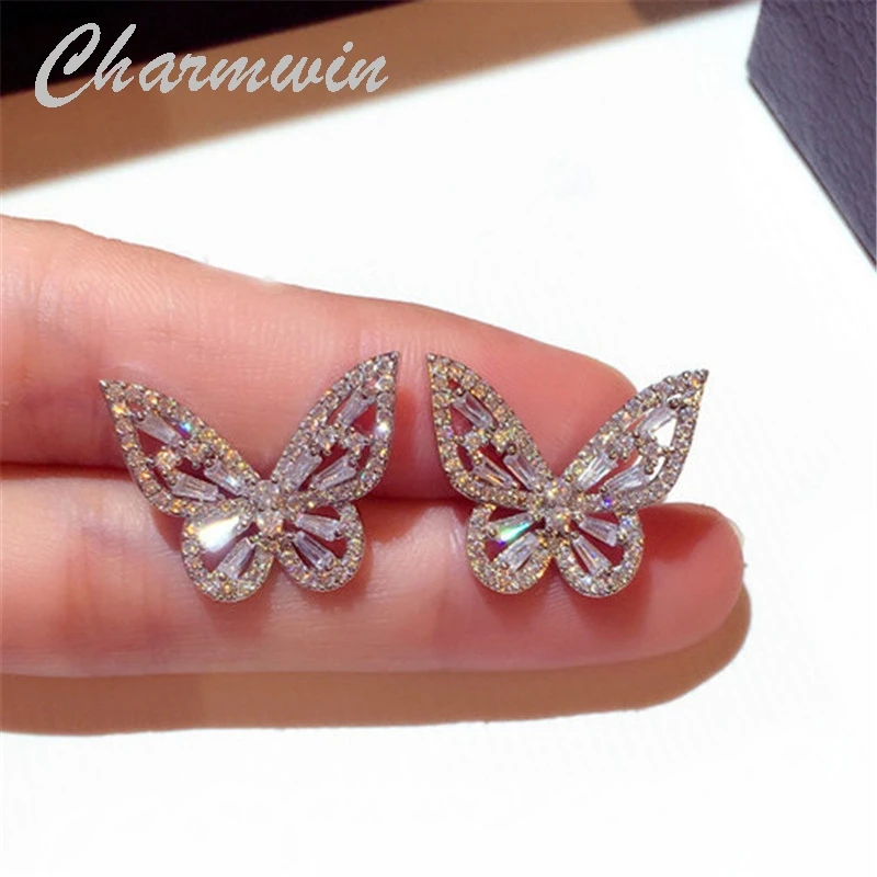 

Charmwin новые модные серьги-гвоздики для женщин серьги трендовые серебряные серьги Стразы с бабочками женские PE1886