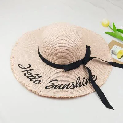 Персонализированная пляжная шляпа с вышивкой в виде букв Hello Sunshine, летняя соломенная шляпа для женщин, для медового месяца, морская широкополая шляпа - Цвет: pink