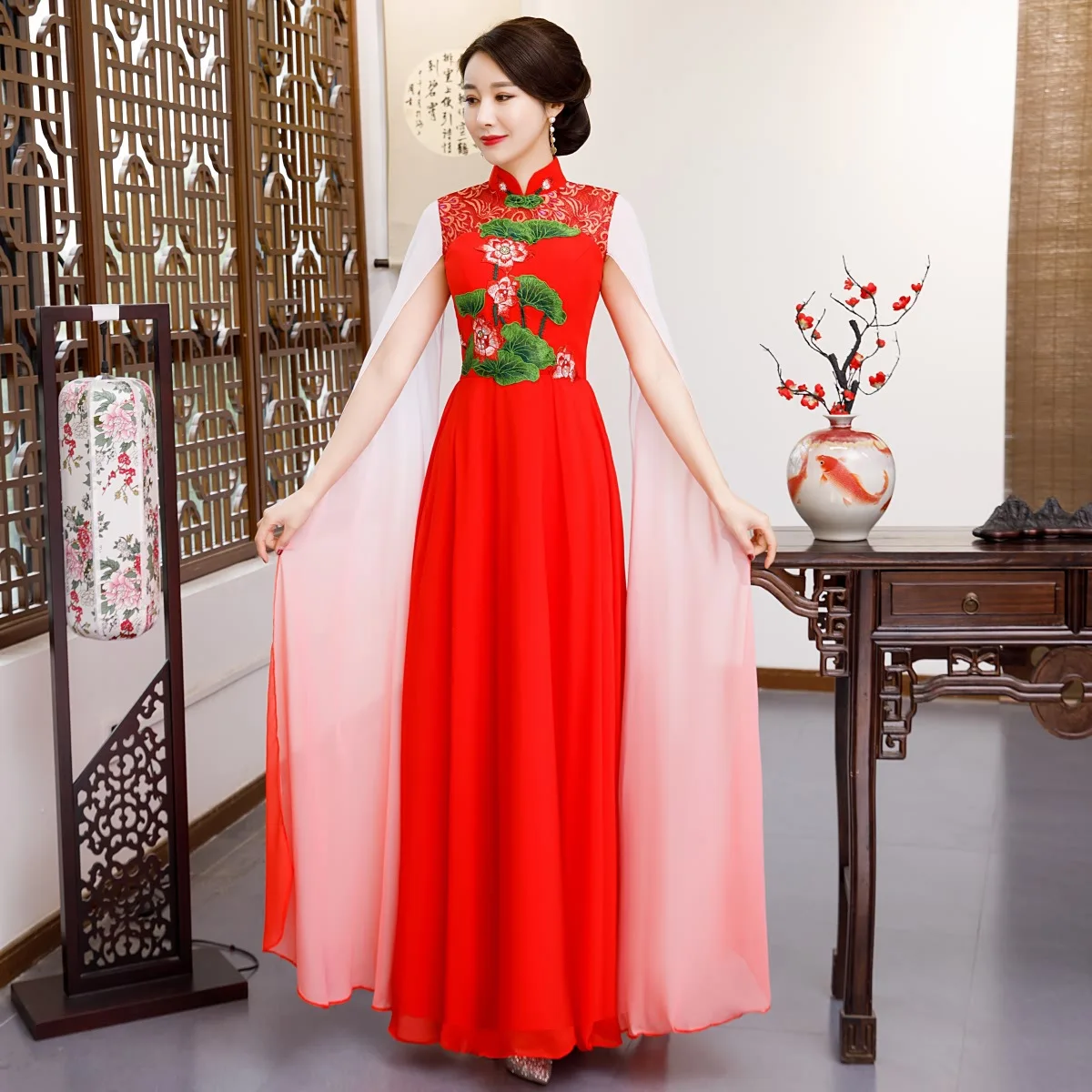Красное вечернее платье Чонсам для свадебной вечеринки традиционное китайское