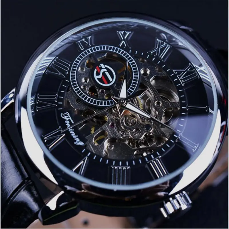 Черные золотые мужские механические часы Montre Homme мужские деловые модные часы Топ бренд ПОБЕДИТЕЛЬ Роскошный кожаный Скелет дизайн - Цвет: SilverShellBlackDial