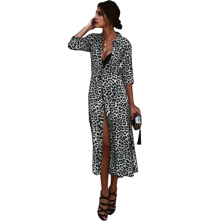 2021 Maxi Dress Vestido Longo Regular Straight V-neck Europe And America Personality Sexy New Hot Leopard Long Sleeve | Женская одежда