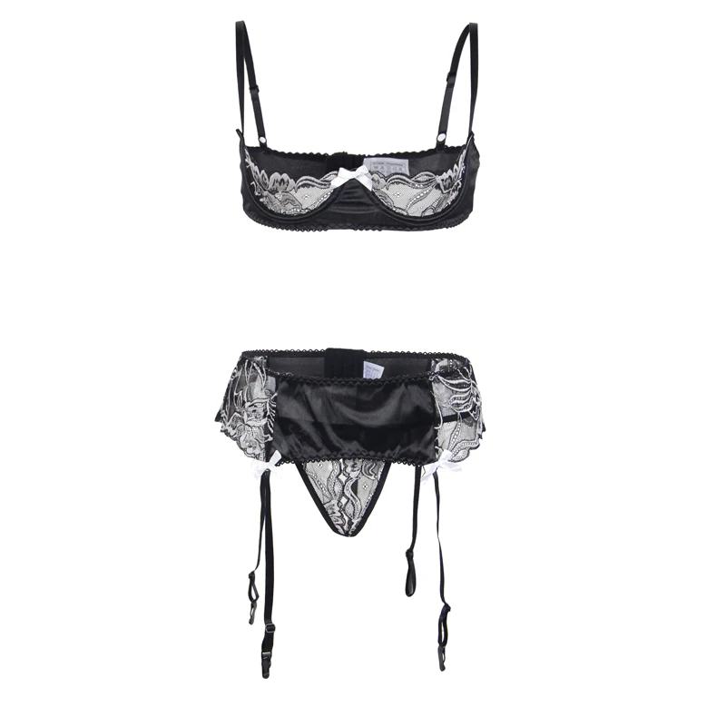 

Valentine's day sexy women lingerie set plus size satin open bra sexy garter belt lingerie femme bra set803