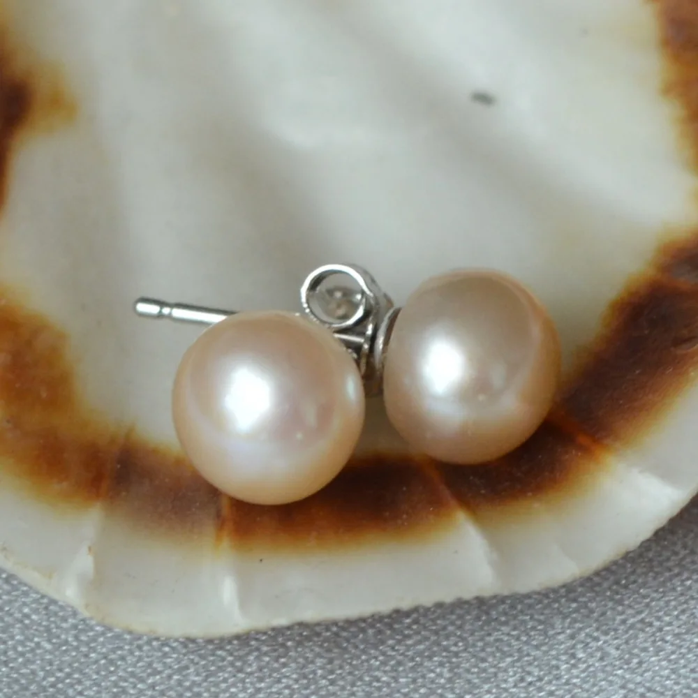 7-8mm Natural Pink Freshwater Pearls stud Earrings with silver