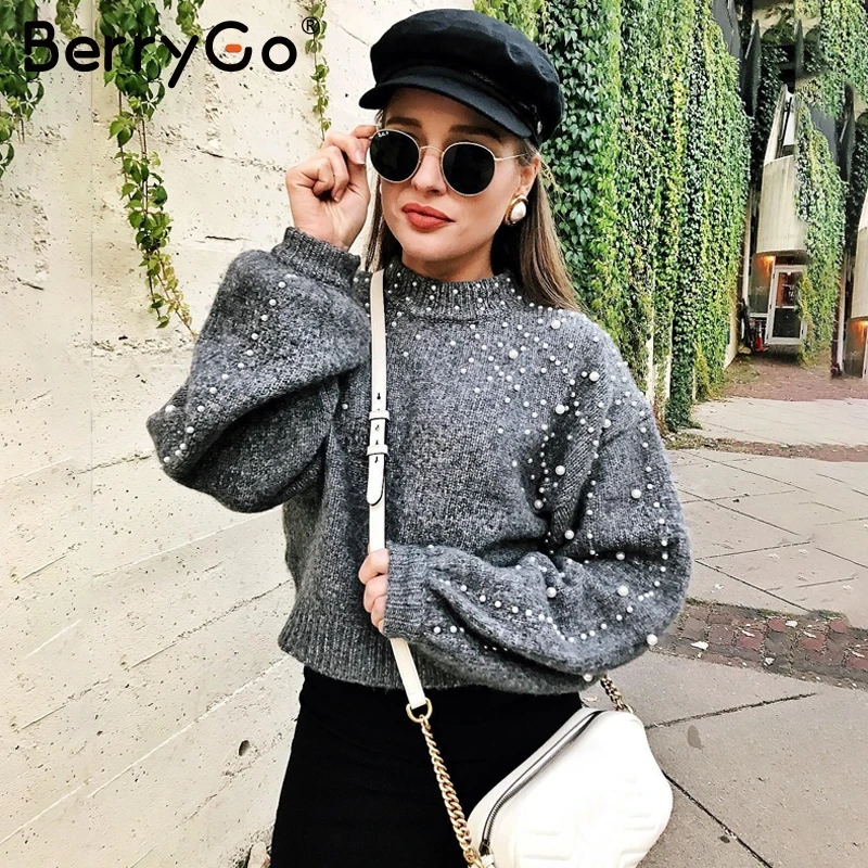 BerryGo Pearl turtleneck solid knitted christmas sweater Lantern sleeve gray women sweaters and pullovers Female autumn casual | Женская