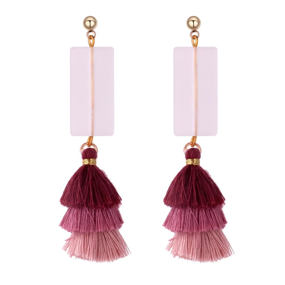Bohemian 3 Layered Fringed Statement Tassel Earrings Pink Geometric Resin Women Drop Dangle Jewelry Wholesale | Украшения и